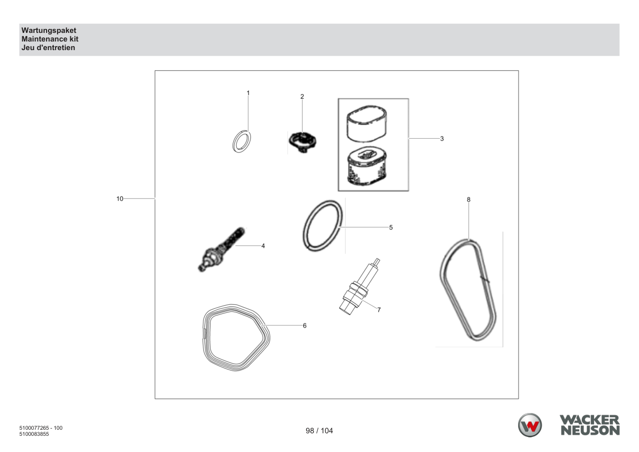 Wacker Neuson BPU5260 Vibratory Plate Maintenance kit parts diagram