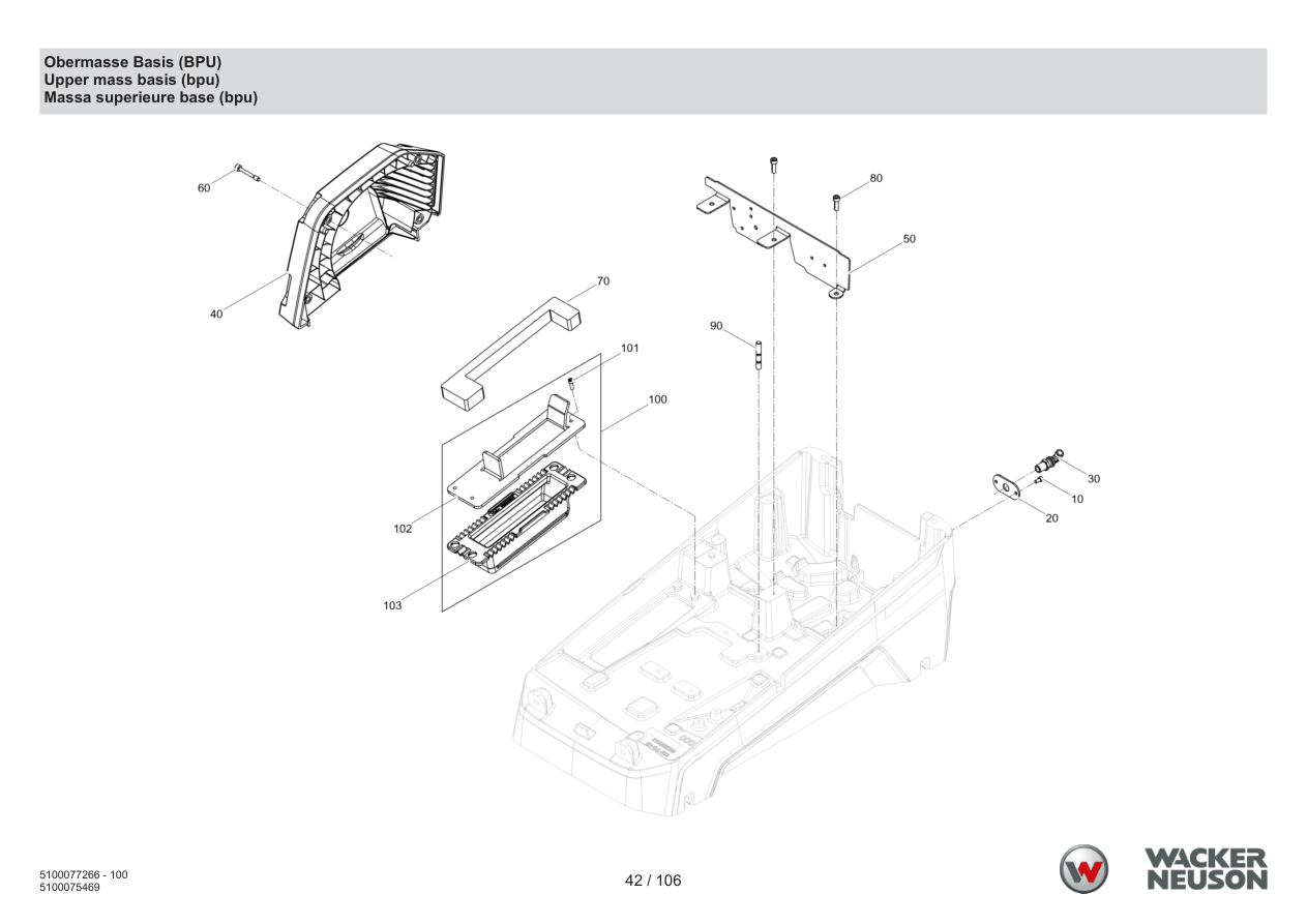 Wacker Neuson BPU6275 Vibratory Plate Upper mass base (BPU) parts diagram