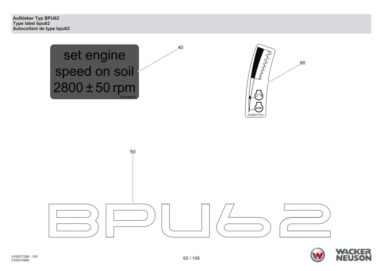 Wacker Neuson BPU6275 Vibratory Plate Decal type BPU62 parts diagram