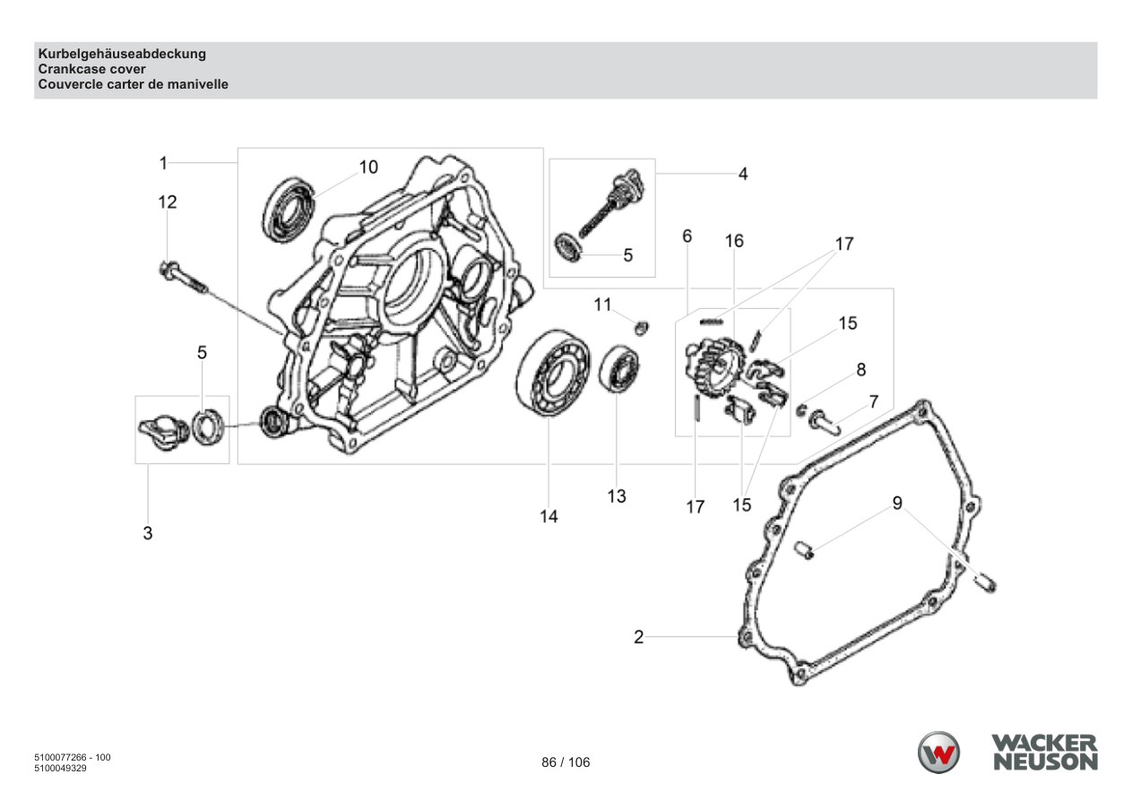 Wacker Neuson BPU6275 Vibratory Plate Crankcase cover parts diagram