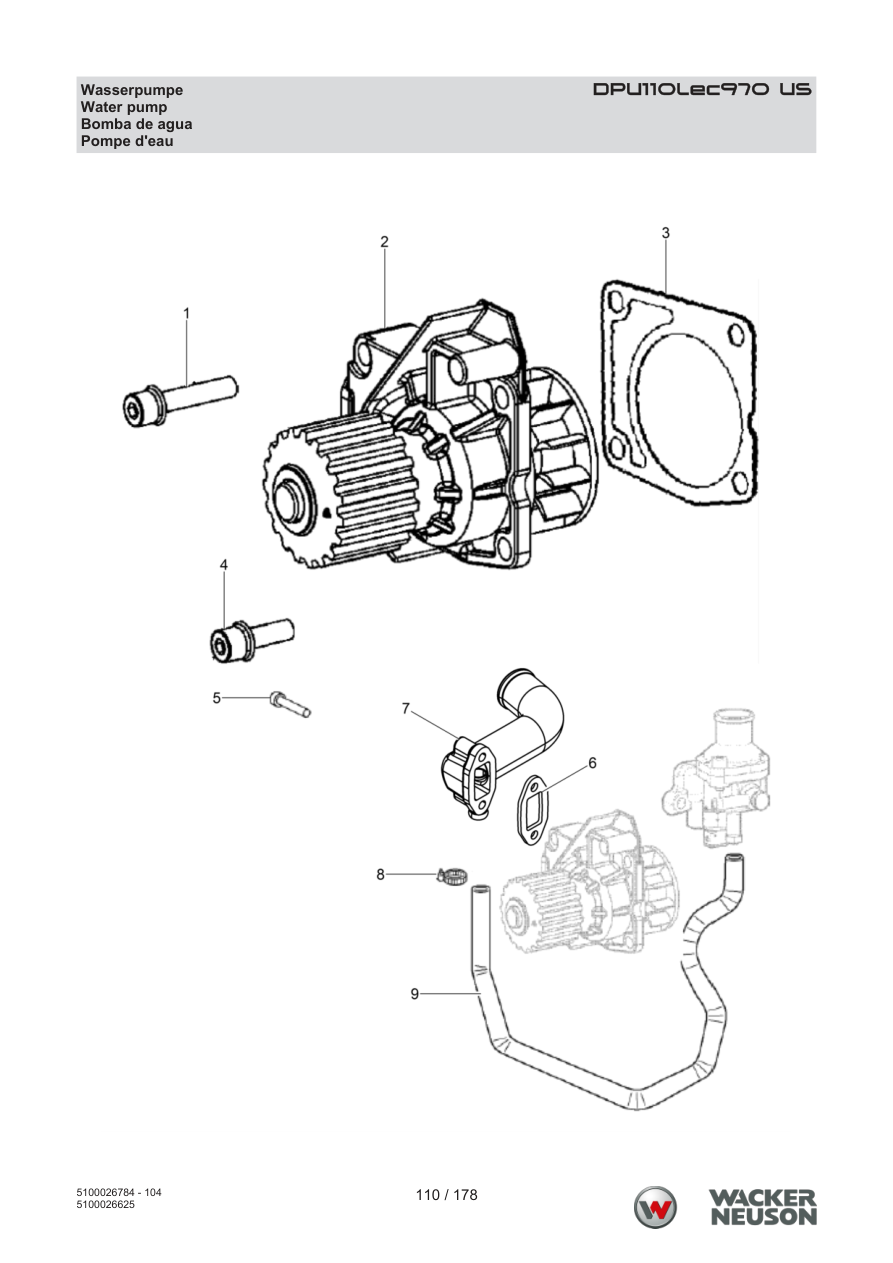Wacker Neuson DPU110 Vibratory Plate DPU110Lec970 US Water pump parts diagram