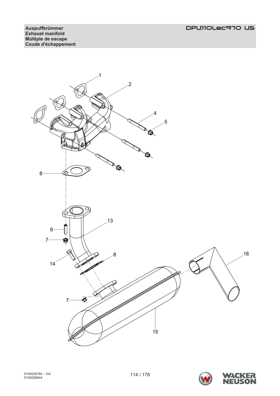 Wacker Neuson DPU110 Vibratory Plate Exhaust manifold parts diagram