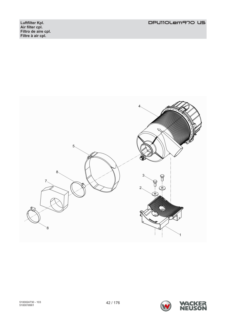 Wacker Neuson DPU110 Vibratory Plate Air filter cpl. parts diagram