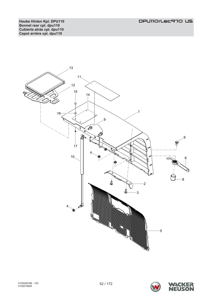 Wacker Neuson DPU110 Vibratory Plate Bonnet rear cpl. dpu110 parts diagram