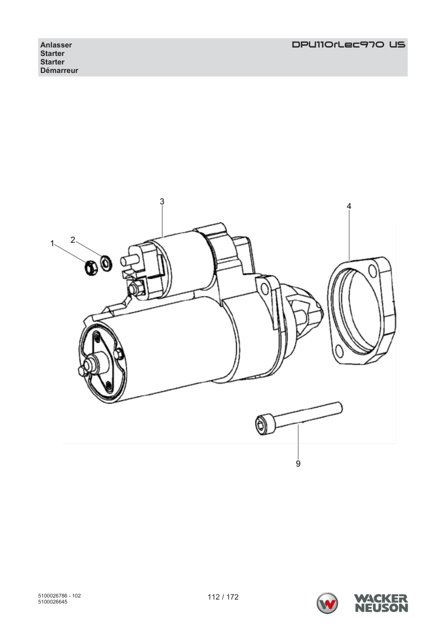 Wacker Neuson DPU110 Vibratory Plate DPU110rLec970 US Starter parts diagram