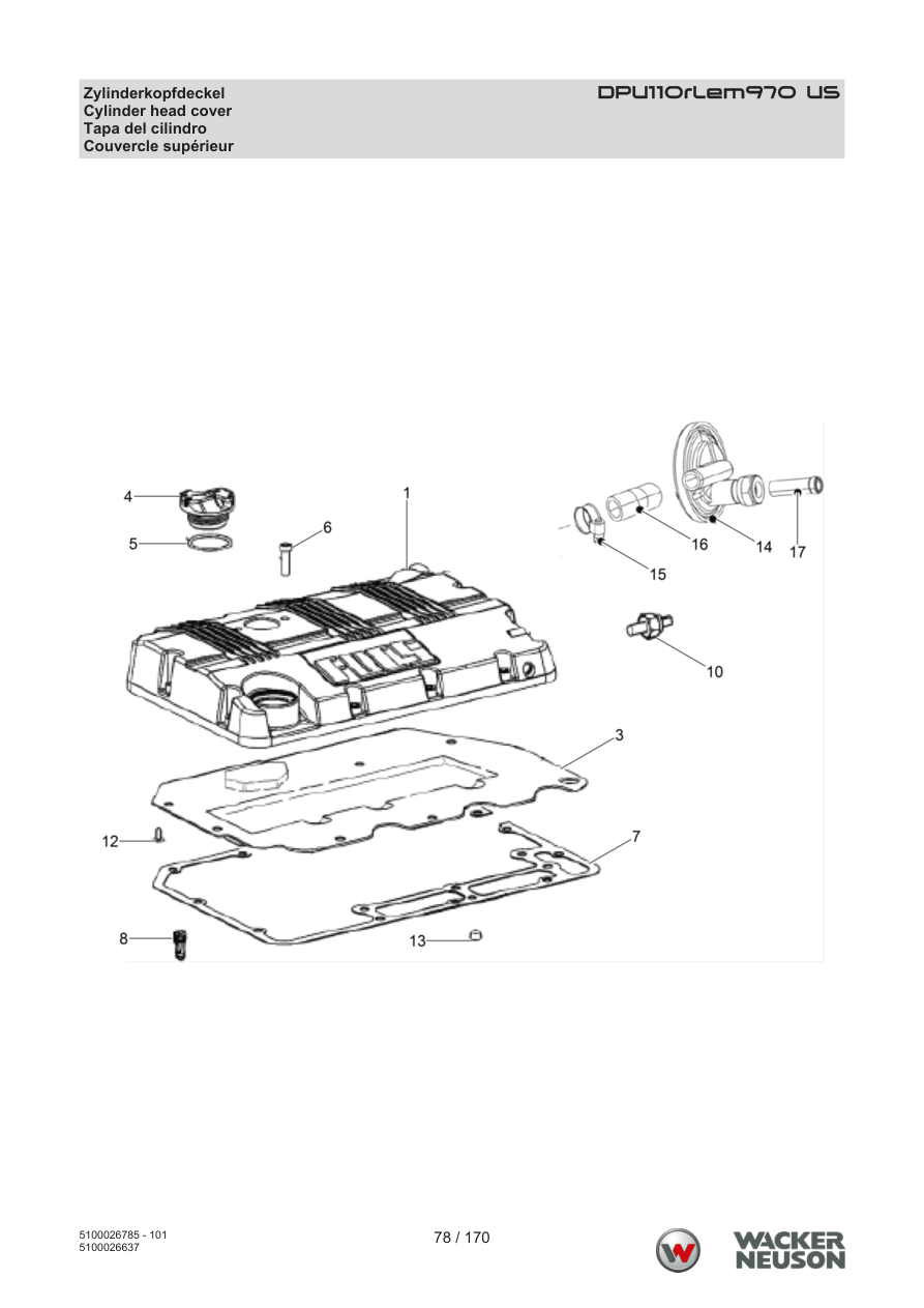 Wacker Neuson DPU110 Vibratory Plate DPU110rLem970 US Cylinder head cover parts diagram