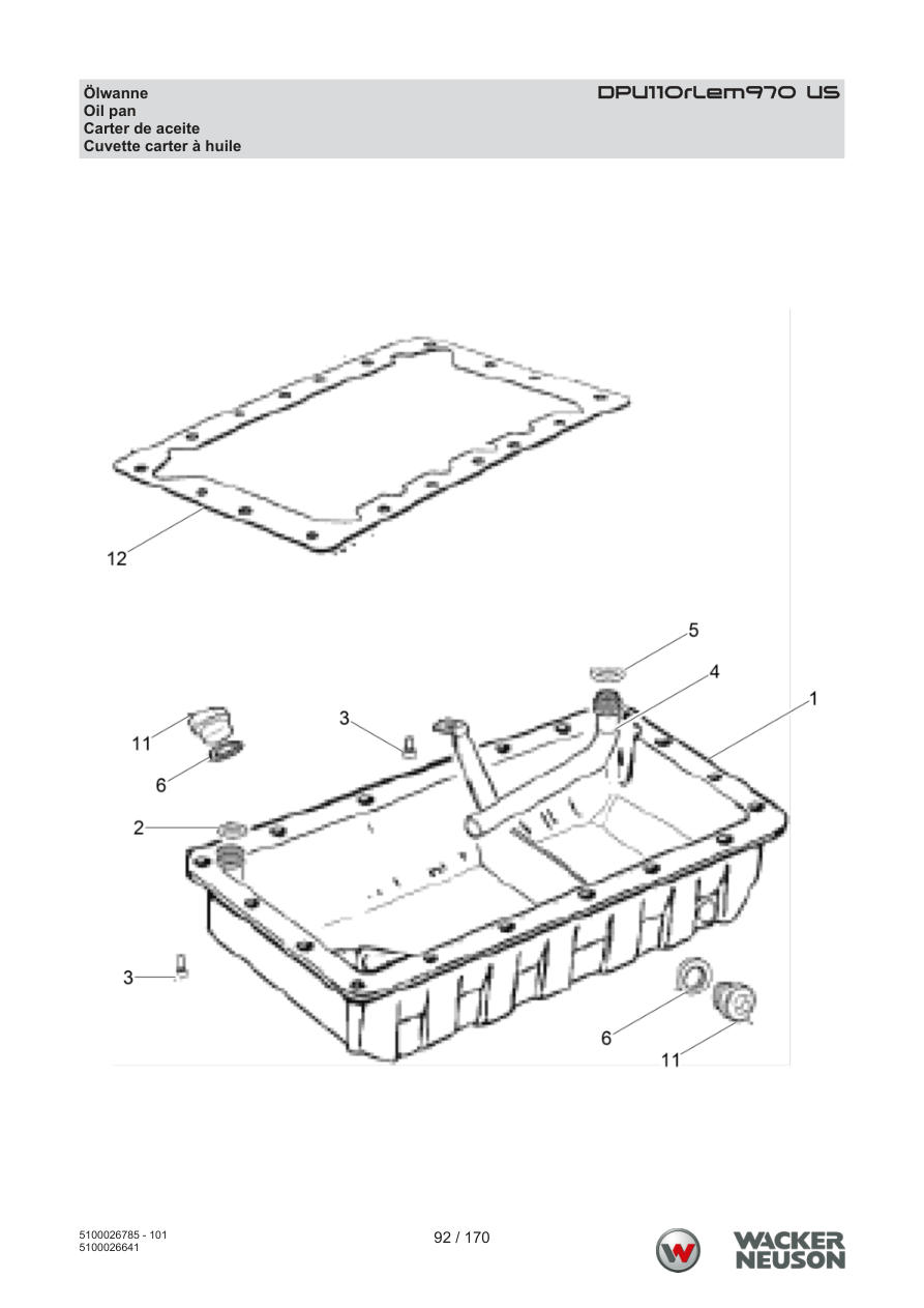 Wacker Neuson DPU110 Vibratory Plate Oil pan parts diagram