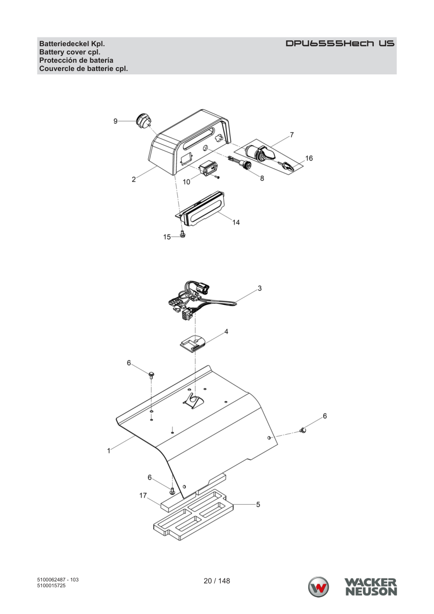 Wacker Neuson DPU6555 Vibratory Plate Battery cover cpl. parts diagram