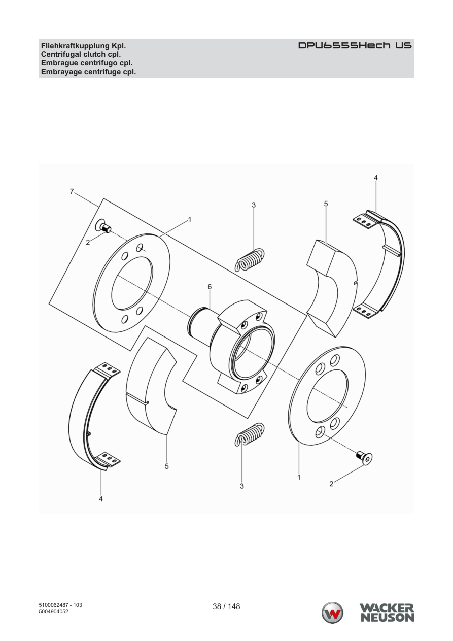 Wacker Neuson DPU6555 Vibratory Plate Centrifugal clutch cpl. parts diagram