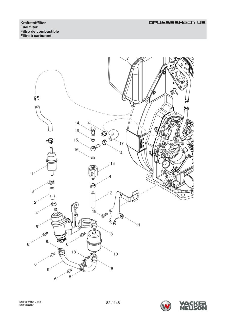 Wacker Neuson DPU6555 Vibratory Plate DPU6555Hech US Fuel filter parts diagram