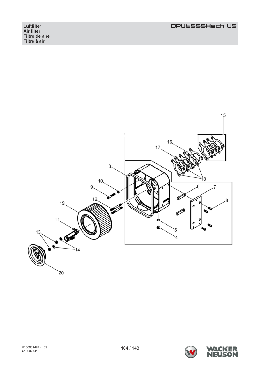 Wacker Neuson DPU6555 Vibratory Plate DPU6555Hech US Air filter parts diagram