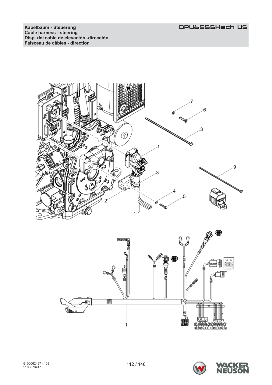 Wacker Neuson DPU6555 Vibratory Plate Cable harness - steering parts diagram