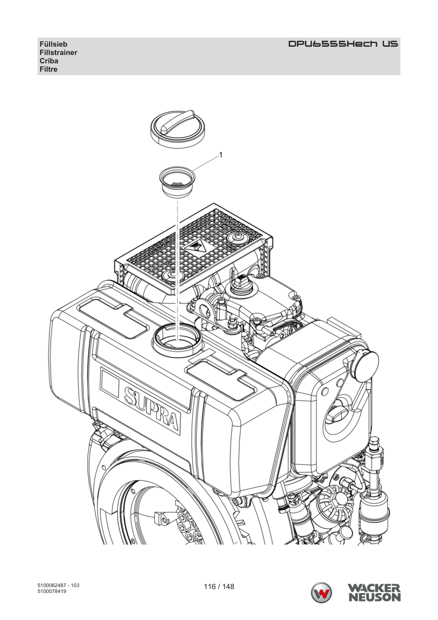 Wacker Neuson DPU6555 Vibratory Plate Fillstrainer parts diagram