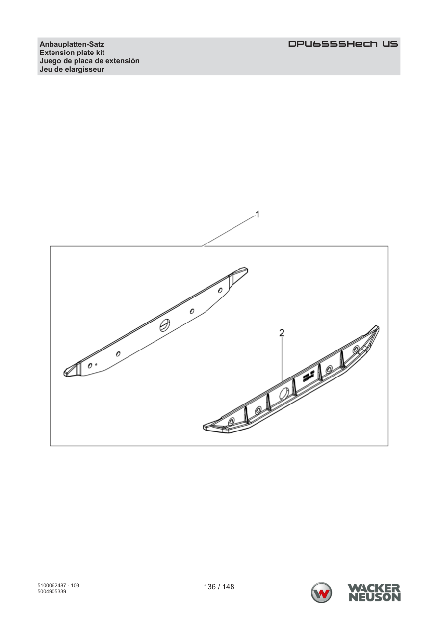 Wacker Neuson DPU6555 Vibratory Plate Extension plate kit parts diagram