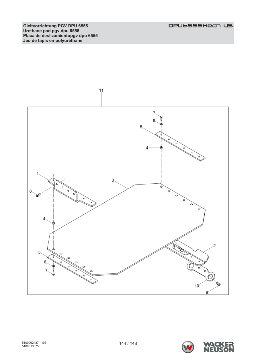 Wacker Neuson DPU6555 Vibratory Plate DPU6555Hech US Sliding device PGV DPU 6555 parts diagram