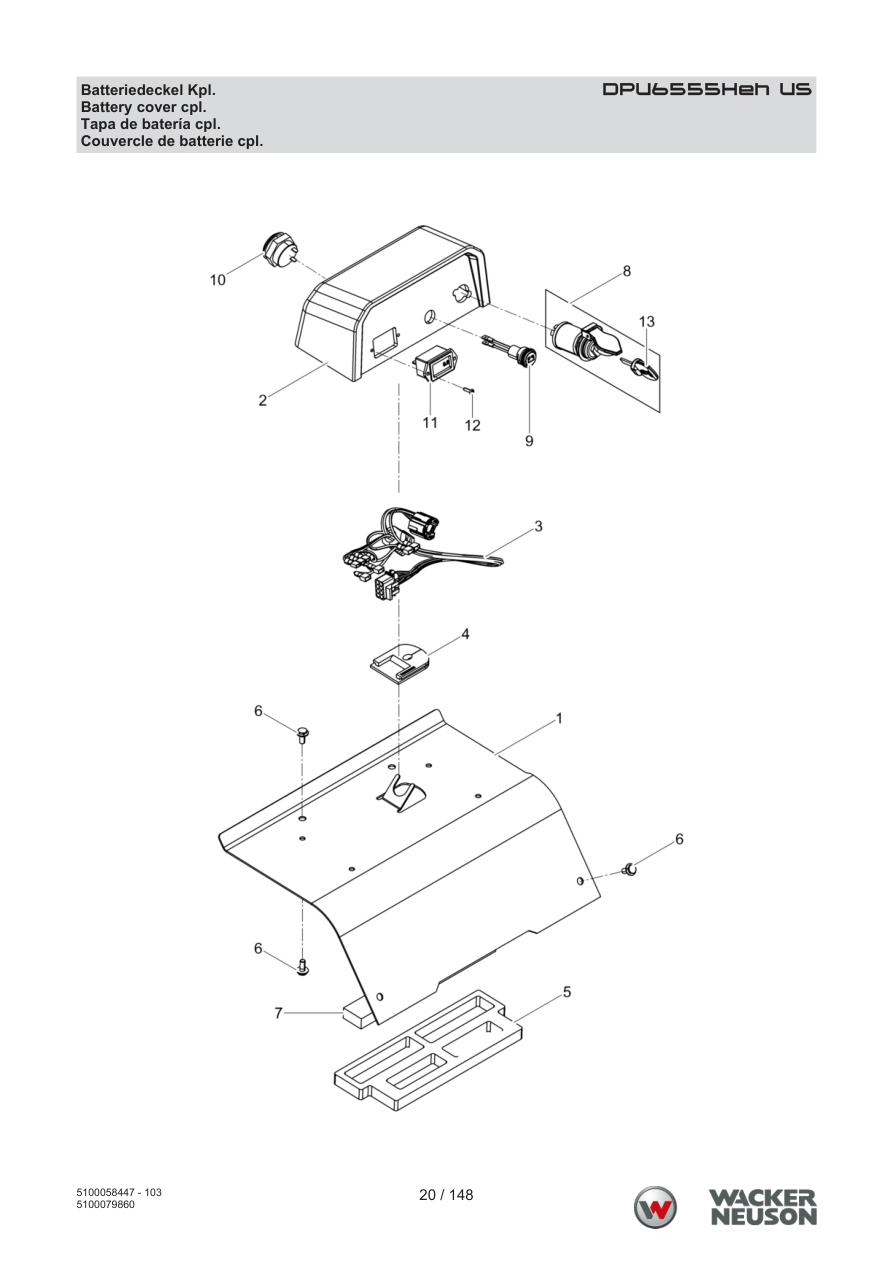 Wacker Neuson DPU6555 Vibratory Plate Battery cover cpl. parts diagram