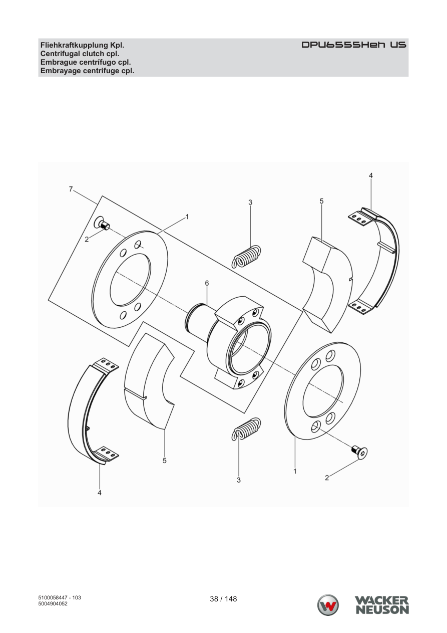 Wacker Neuson DPU6555 Vibratory Plate Centrifugal clutch cpl. parts diagram