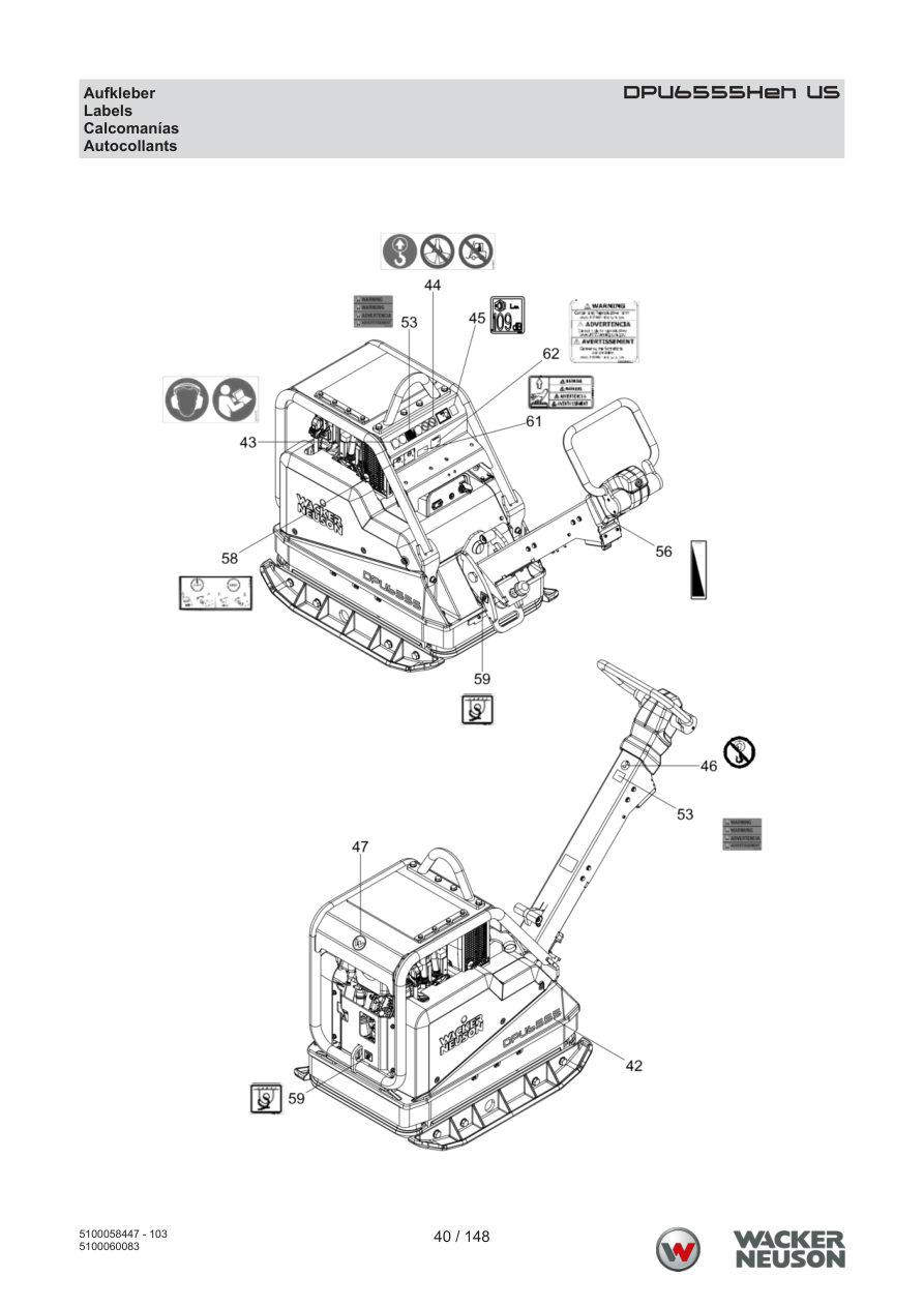 Wacker Neuson DPU6555 Vibratory Plate DPU6555Heh US Decal parts diagram