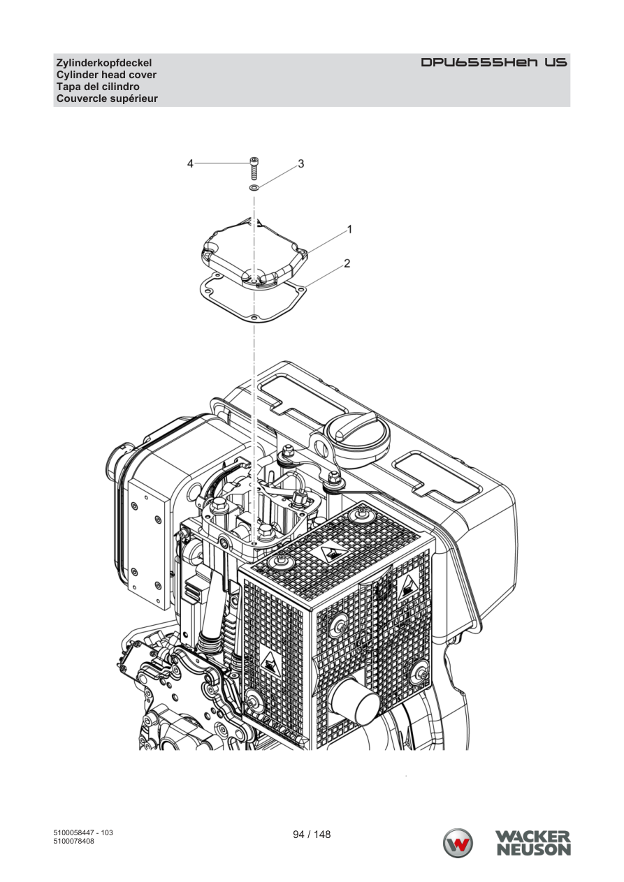 Wacker Neuson DPU6555 Vibratory Plate DPU6555Heh US Cylinder head cover parts diagram