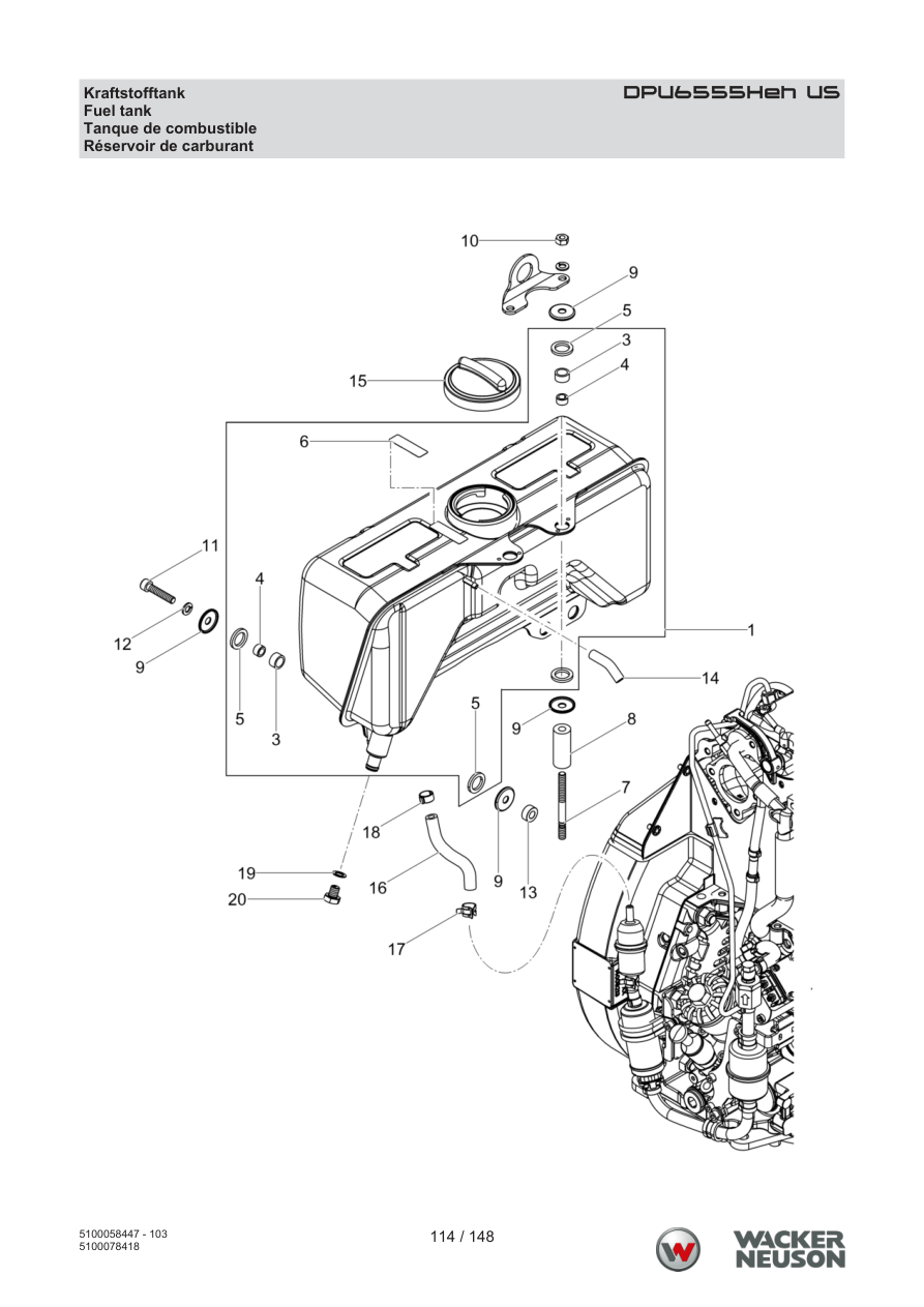 Wacker Neuson DPU6555 Vibratory Plate DPU6555Heh US Fuel tank parts diagram