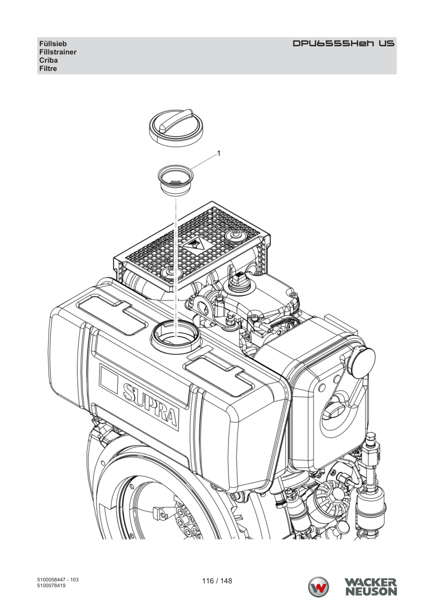 Wacker Neuson DPU6555 Vibratory Plate Fillstrainer parts diagram