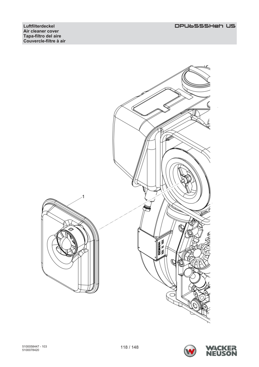 Wacker Neuson DPU6555 Vibratory Plate DPU6555Heh US Air filter cover parts diagram