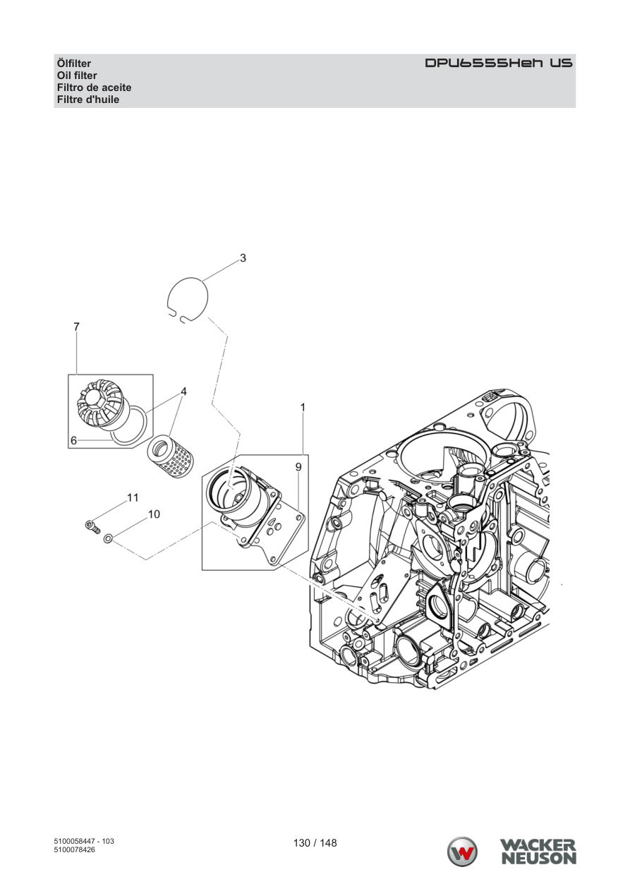 Wacker Neuson DPU6555 Vibratory Plate Oil filter parts diagram