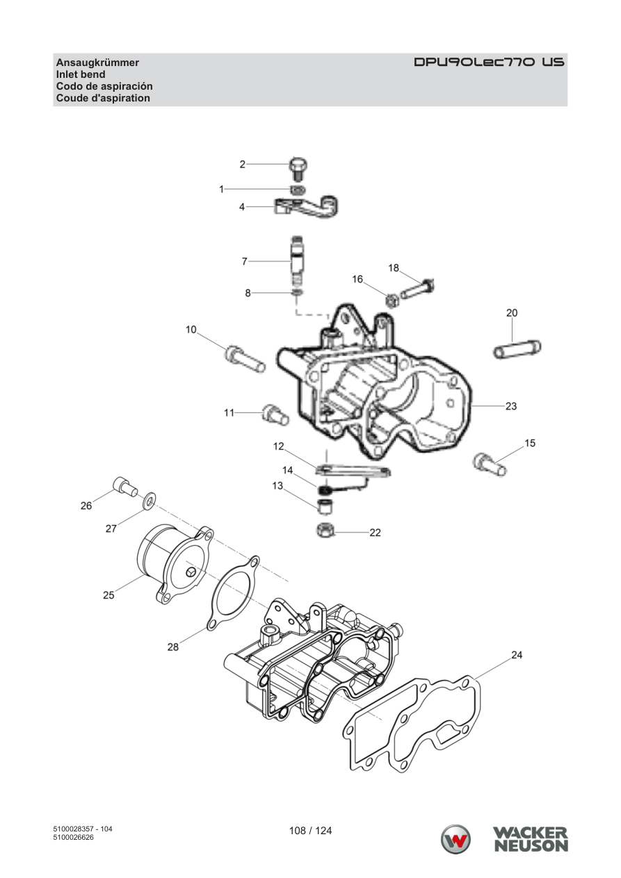 Wacker Neuson DPU90 Vibratory Plate Inlet bend parts diagram