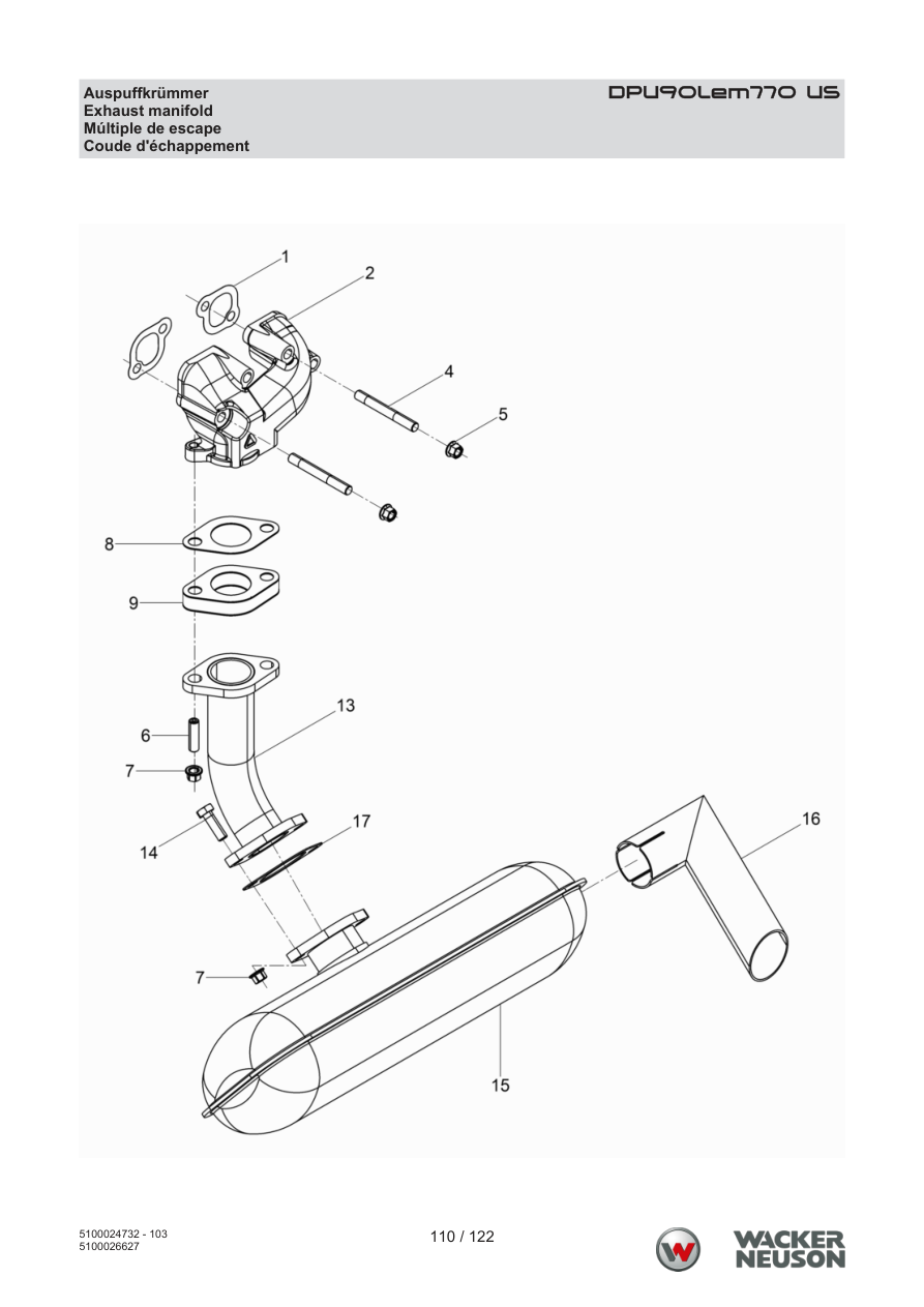 Wacker Neuson DPU90 Vibratory Plate Exhaust manifold parts diagram