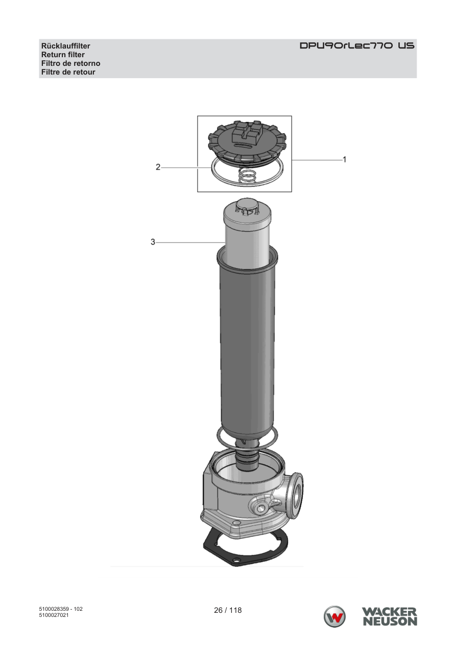Wacker Neuson DPU90 Vibratory Plate Return filter parts diagram