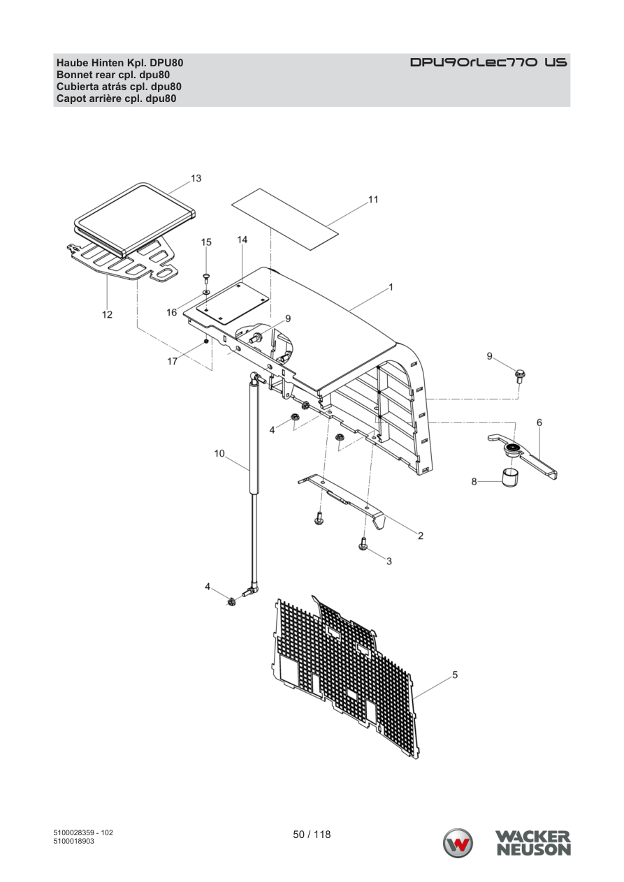 Wacker Neuson DPU90 Vibratory Plate Bonnet rear cpl. dpu80 parts diagram