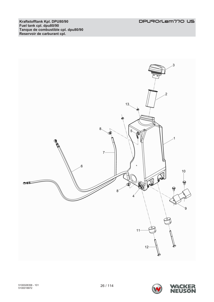Wacker Neuson DPU90 Vibratory Plate Fuel tank complete dpu80/90 parts diagram