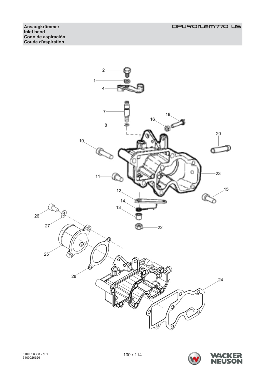 Wacker Neuson DPU90 Vibratory Plate Inlet bend parts diagram