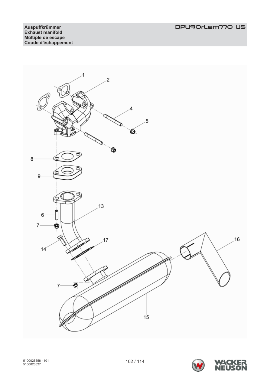 Wacker Neuson DPU90 Vibratory Plate Exhaust manifold parts diagram