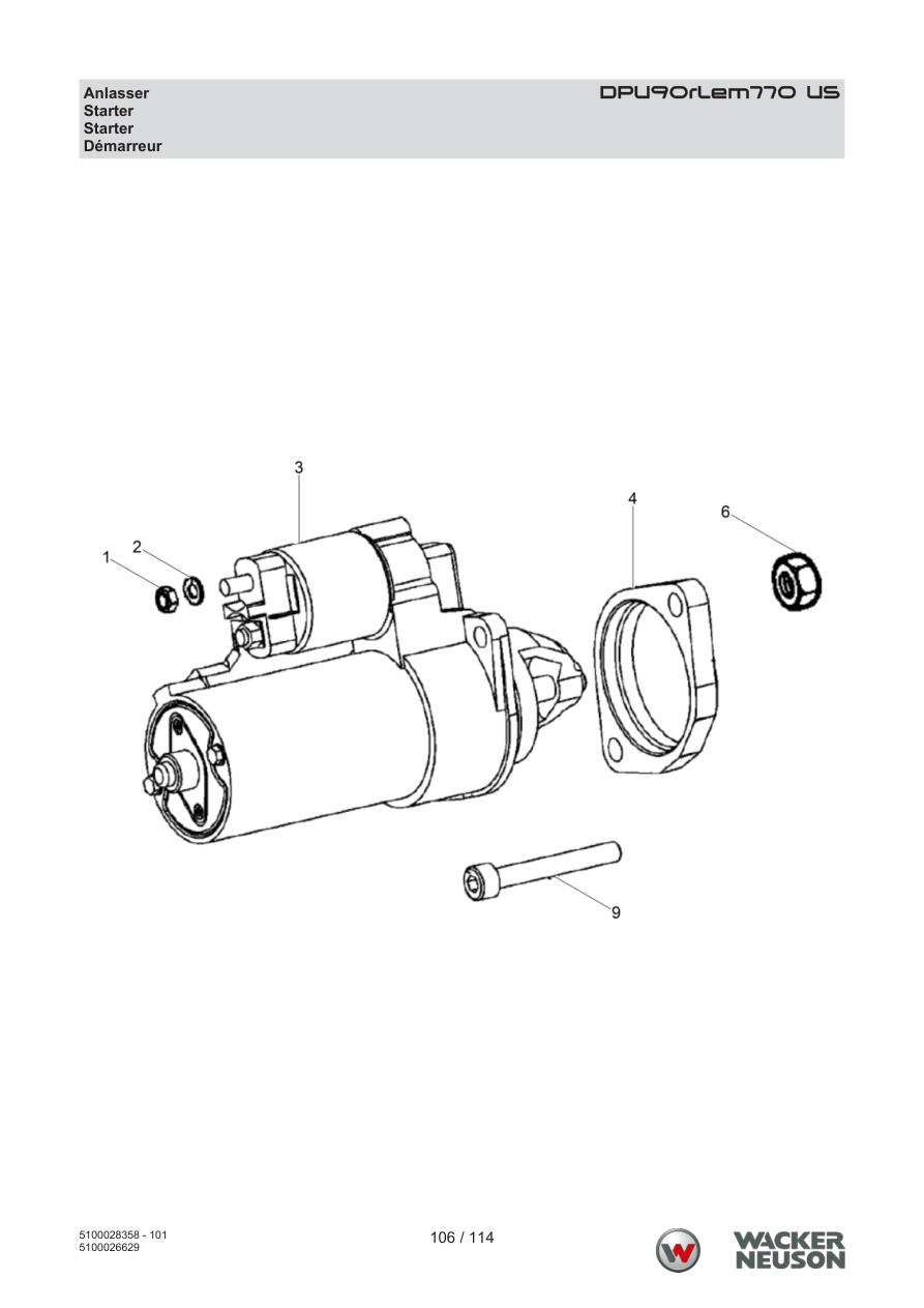 Wacker Neuson DPU90 Vibratory Plate DPU90rLem770 US Starter parts diagram