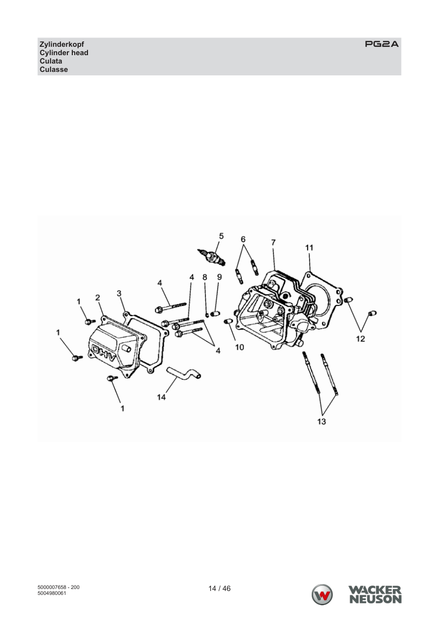 Wacker Neuson PG2 Clear Water Pump PG2A Cylinder head parts diagram