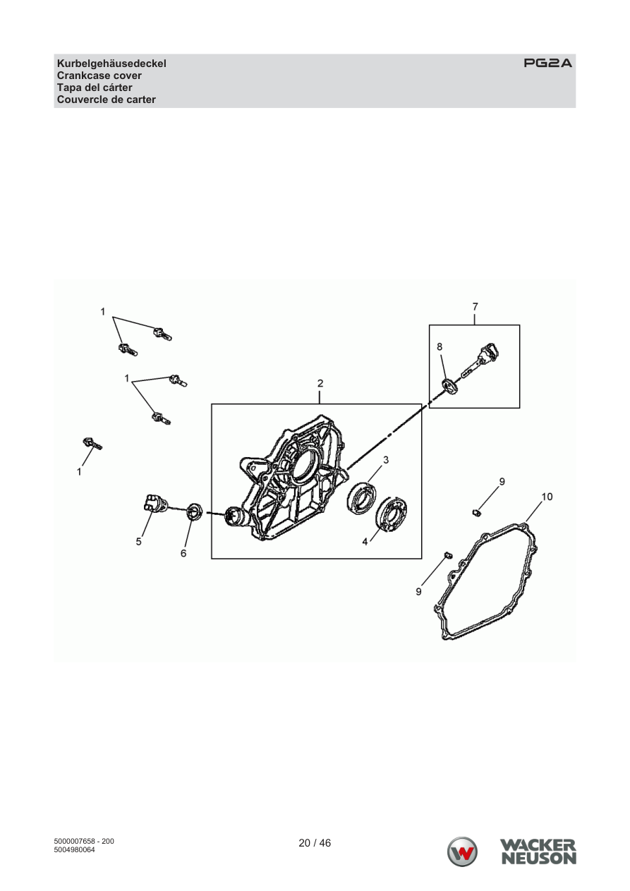 Wacker Neuson PG2 Clear Water Pump Crankcase cover parts diagram