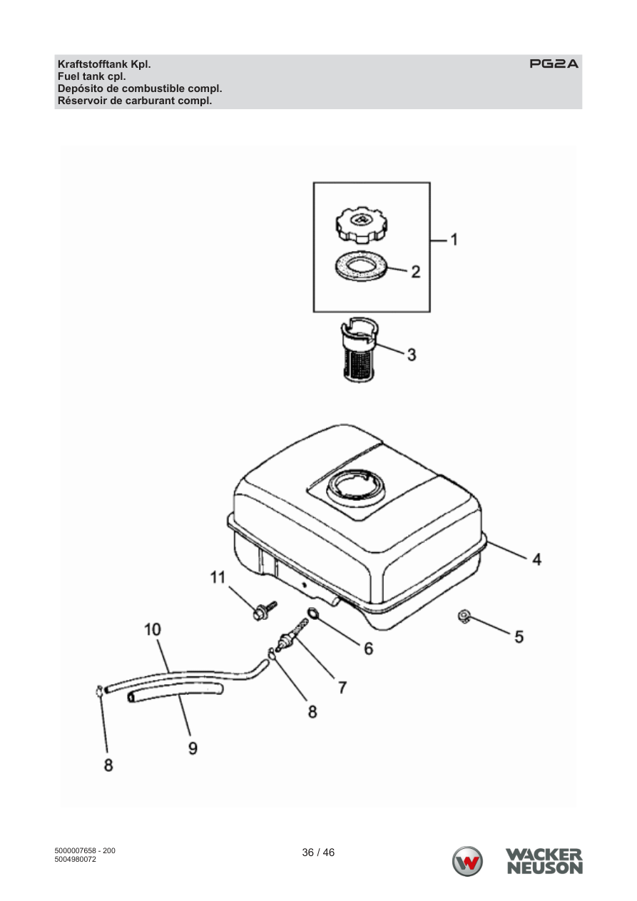 Wacker Neuson PG2 Clear Water Pump Fuel tank complete parts diagram