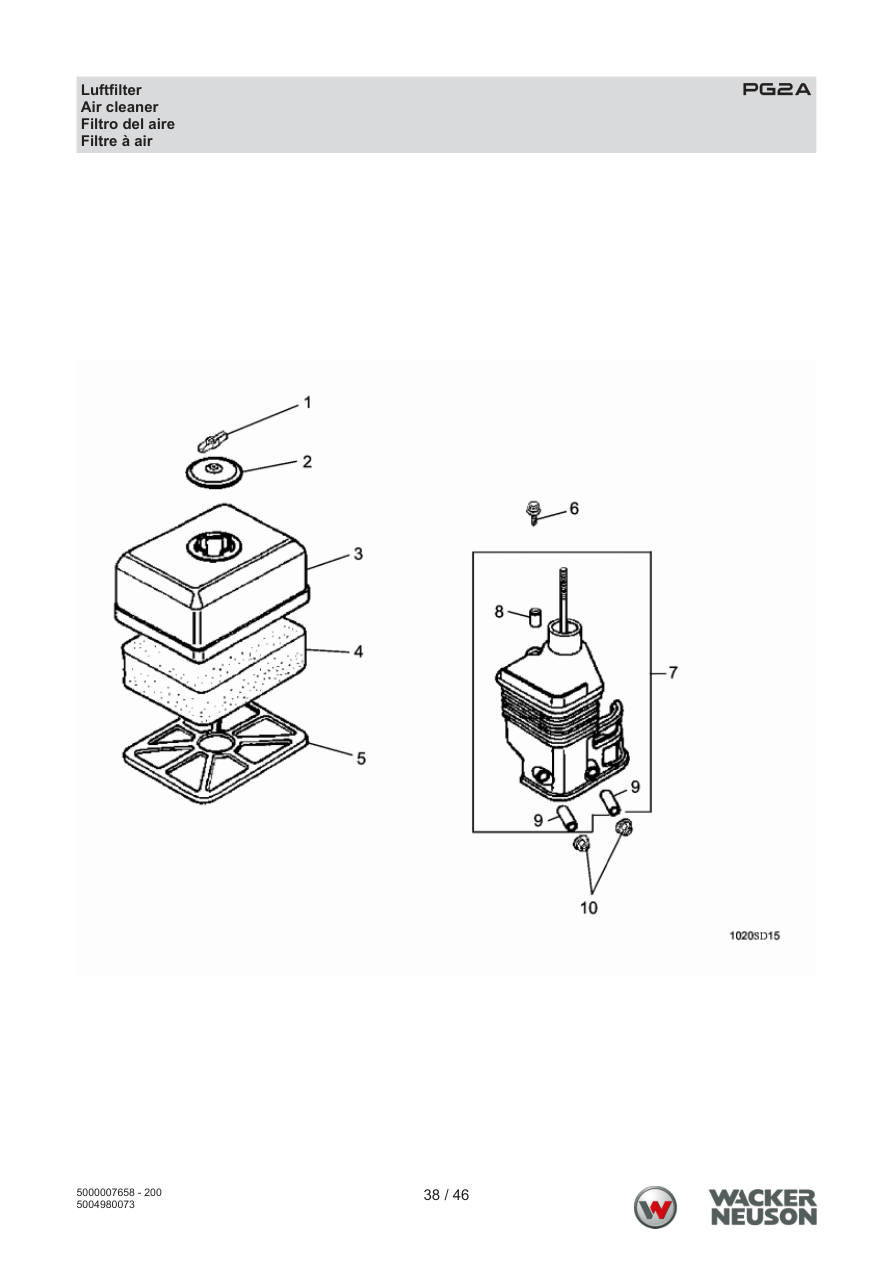 Wacker Neuson PG2 Clear Water Pump PG2A Air filter parts diagram
