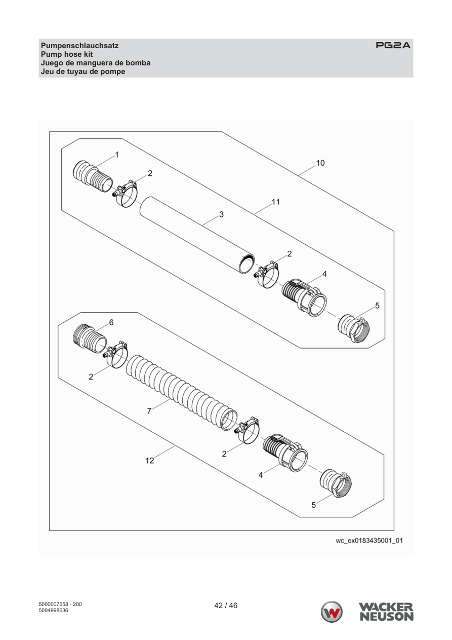 Wacker Neuson PG2 Clear Water Pump PG2A Pump hose kit parts diagram