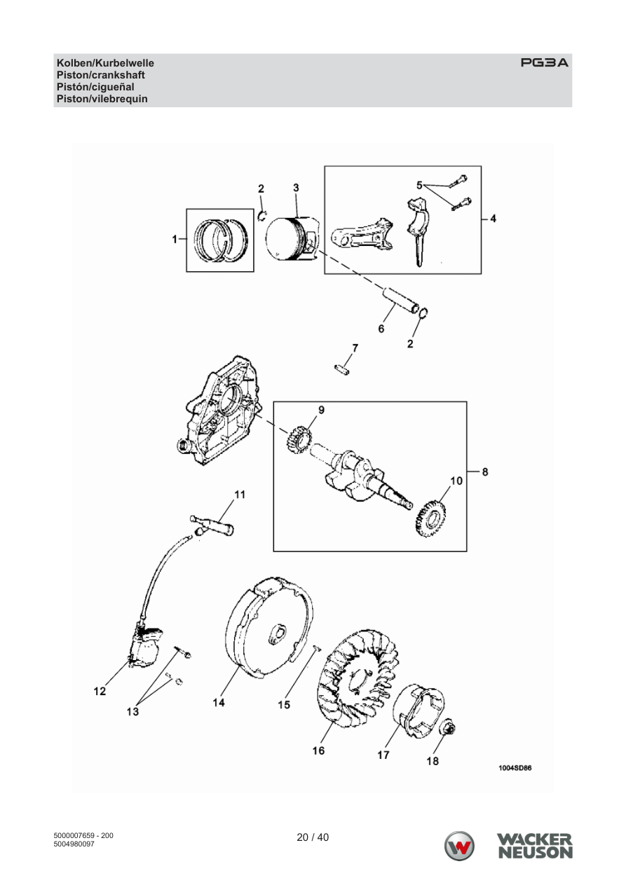 Wacker Neuson PG3 Clear Water Pump PG3A Piston/Crankshaft parts diagram