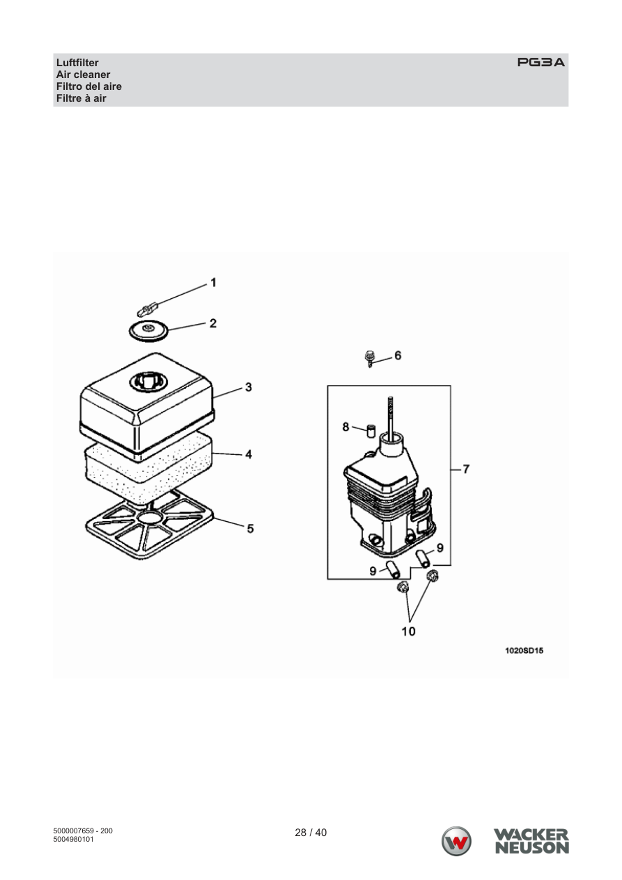Wacker Neuson PG3 Clear Water Pump PG3A Air filter parts diagram