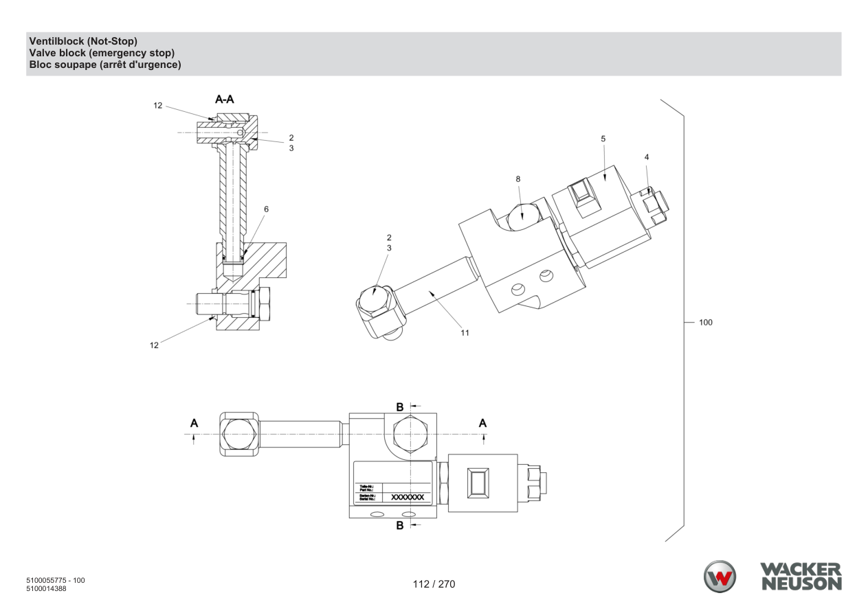 Wacker Neuson RD18-100 Roller Valve block (emergency stop) parts diagram