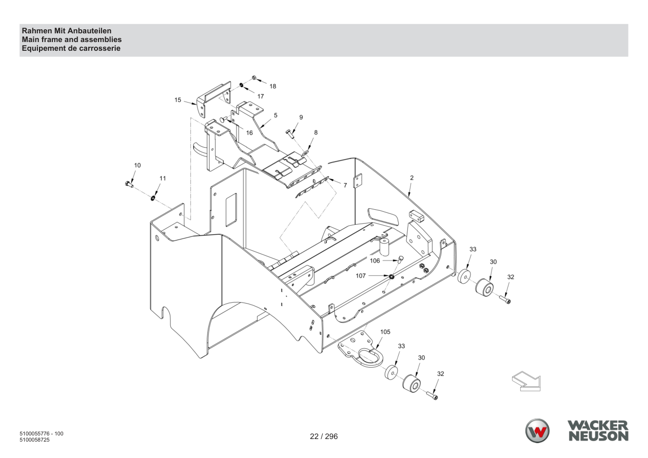 Wacker Neuson RD18-100 Roller Main frame and assemblies parts diagram