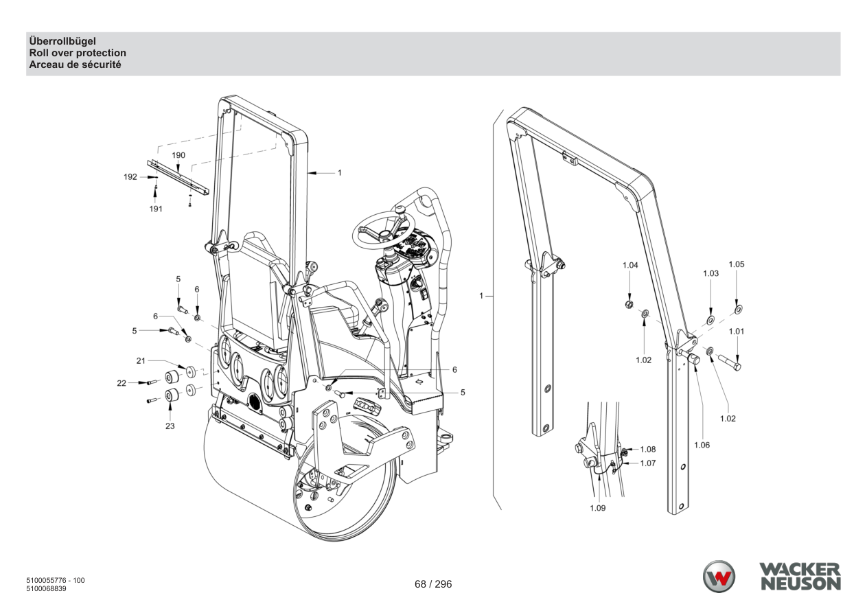 Wacker Neuson RD18-100 Roller Roll over protection parts diagram