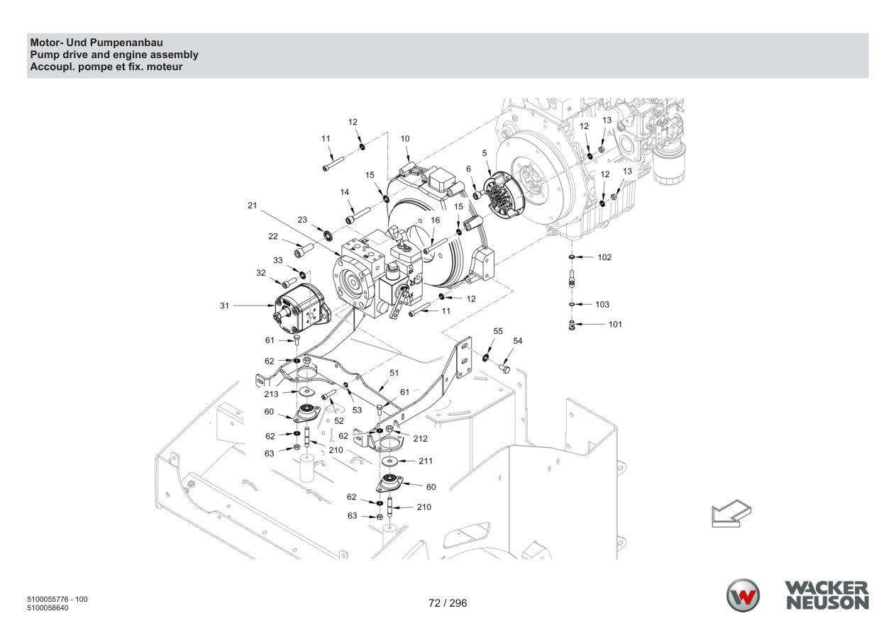 Wacker Neuson RD18-100 Roller Engine and pump assembly parts diagram