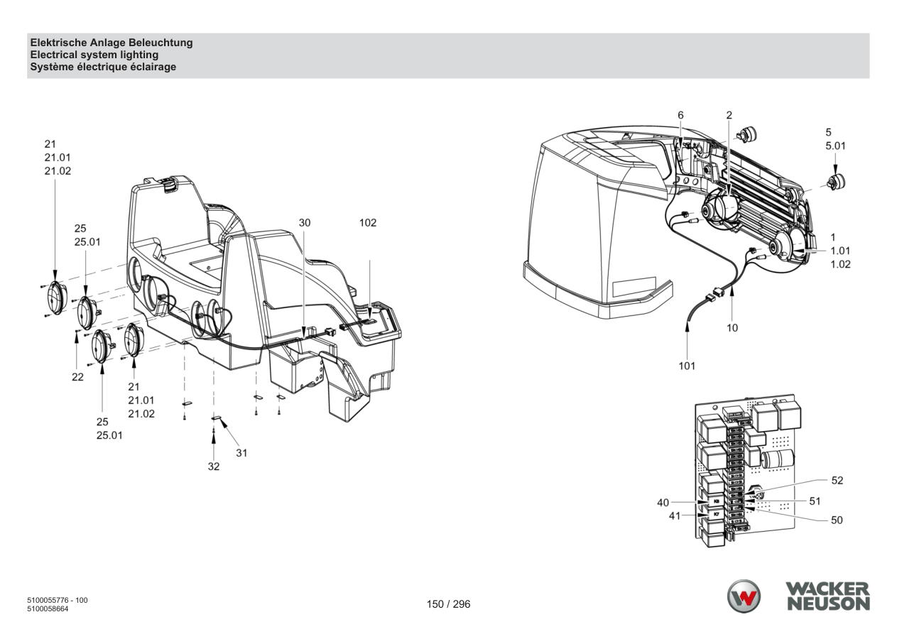 Wacker Neuson RD18-100 Roller Electrical system Lighting parts diagram