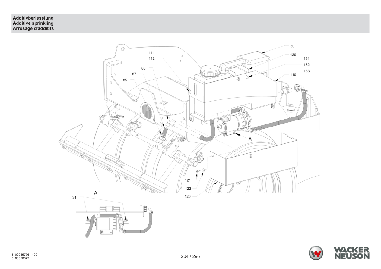 Wacker Neuson RD18-100 Roller Additive sprinkling parts diagram