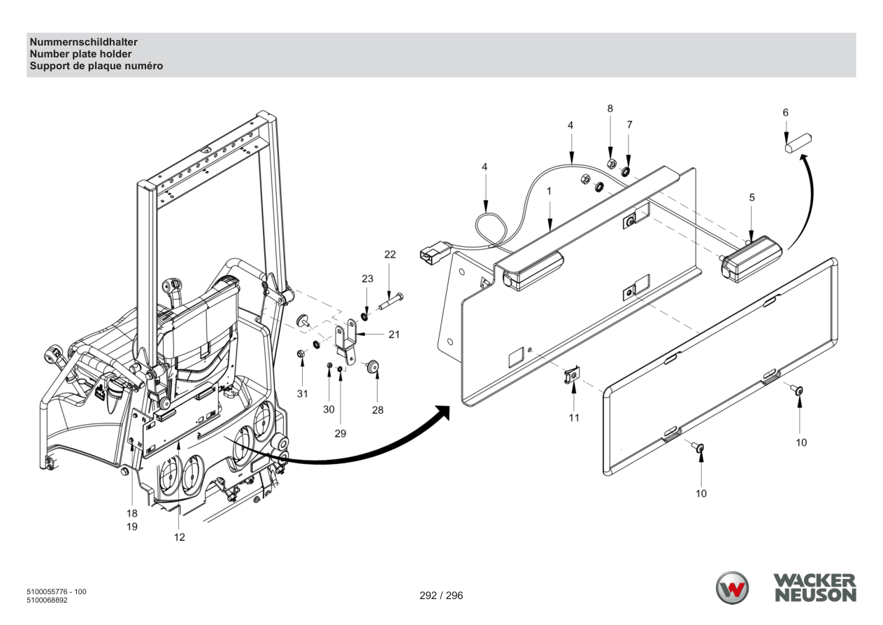 Wacker Neuson RD18-100 Roller License plate holder parts diagram
