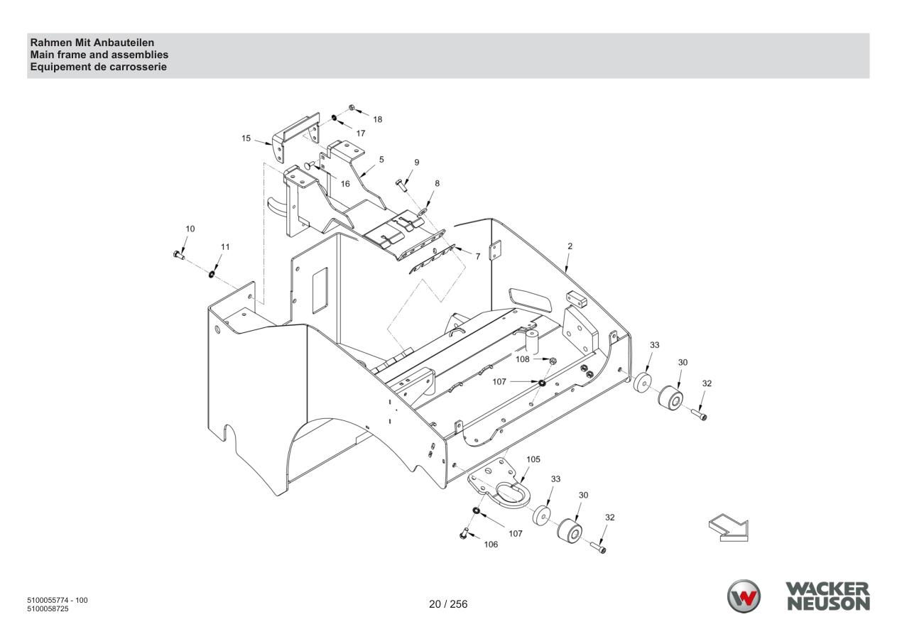 Wacker Neuson RD18-80 Roller Main frame and assemblies parts diagram